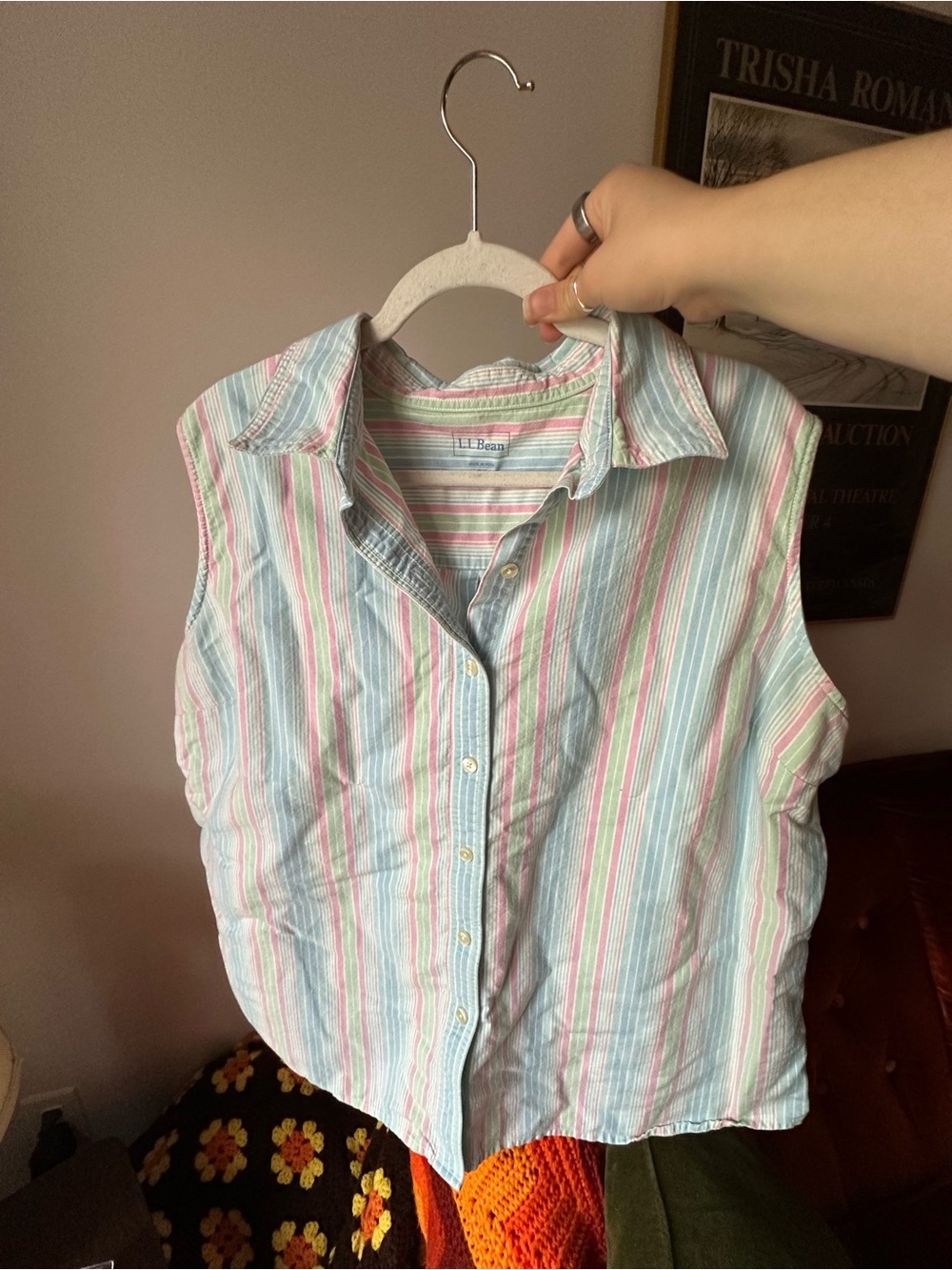 L.L. Bean Sleeveless Striped Cotton Shirt - Pastel Blue, Pink and Green